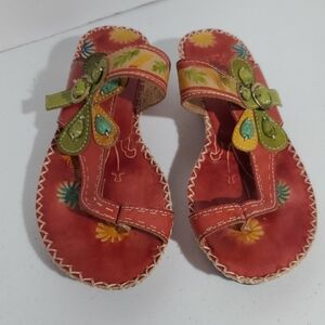 L'artiste Hand Painted Colorful Floral Womens Sandals Sz 36 Gently Worn See Pics